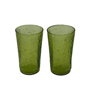 VTG Anchor Hocking Avocado Green Textured Glass Tumblers Set 2 Mid-Century 3"x5"